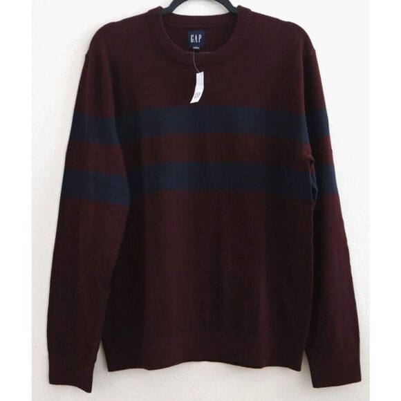 GAP 730479-02 Men's Sz Large Navy Burgundy Striped Crewneck Sweater - Picture 1 of 8